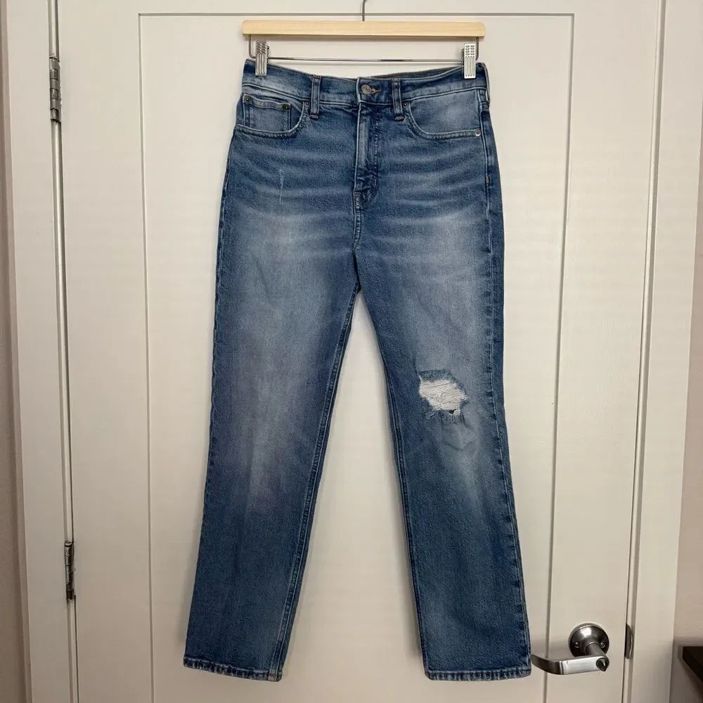 J Crew Classic Straight Jeans Womens Sz 26 Blue Distressed Denim Stretch Retro